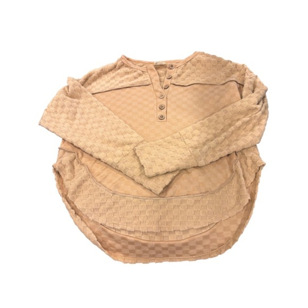 BIBI Tan Textured‎ Henley Long Sleeve Tunic Top Women's- Large